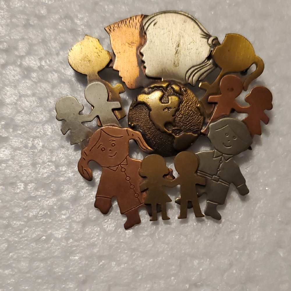 Multicolor Metal Brooch with Children and Globe Design